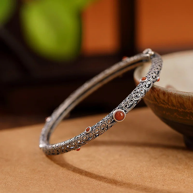 Ethnic Style 925 Silver Vintage Classic Southern Red Tourmaline Bracelet