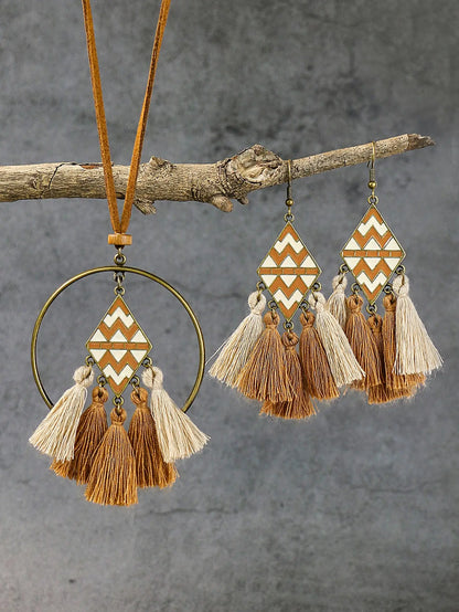 Bohemian Style Hollowed out Carved Pendant w/tassel Earrings Necklace Set