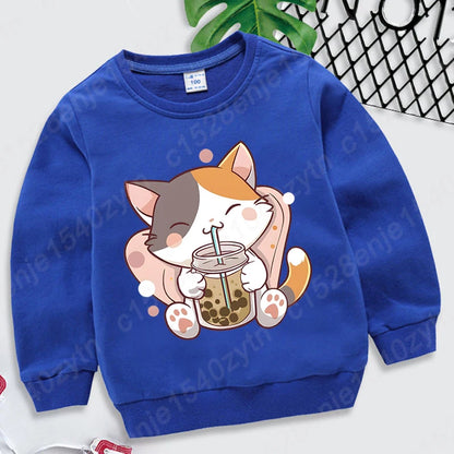 Cat Boba Tea Print Crew Neck Sweatshirt