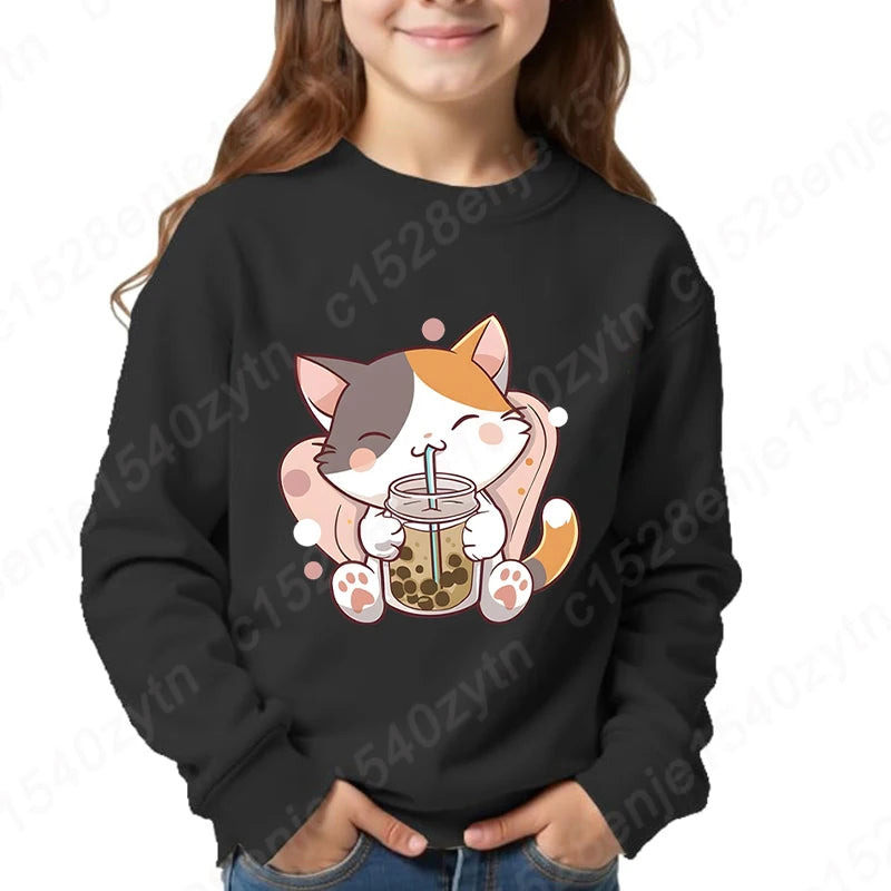 Cat Boba Tea Print Crew Neck Sweatshirt