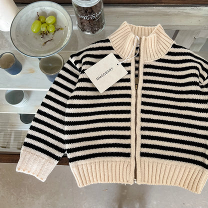 Girls’ Simple Stripe Knitted Cardigan Baby Zipper Coat with Loose Fit