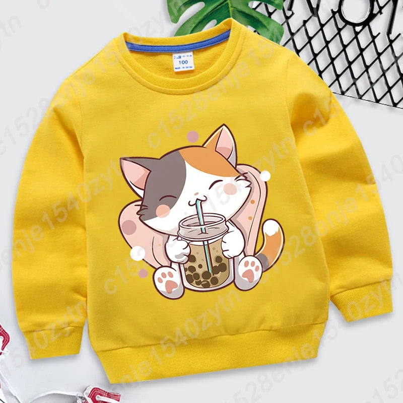 Cat Boba Tea Print Crew Neck Sweatshirt