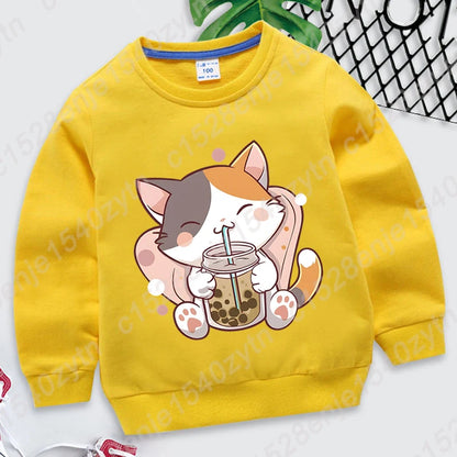 Cat Boba Tea Print Crew Neck Sweatshirt