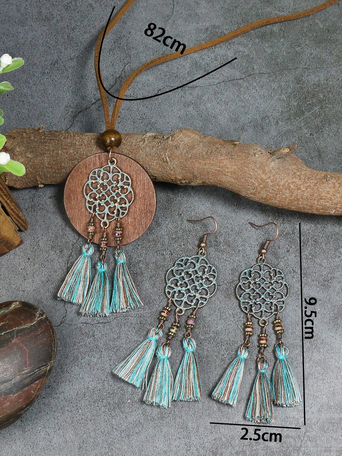 Bohemian Style Hollowed out Carved Pendant w/tassel Earrings Necklace Set