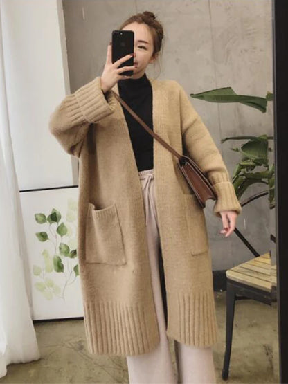 Knitted Cardigan Women’s Sweater Jacket: Elegant Vintage Loose Long Outerwear Maxi Sweater Coat Soft Jacket