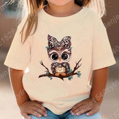 Girls Owl Leopard Bow Print T-shirt