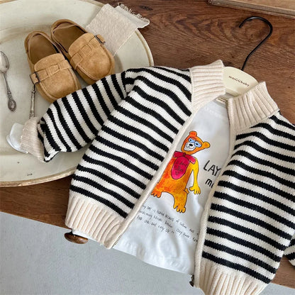 Girls’ Simple Stripe Knitted Cardigan Baby Zipper Coat with Loose Fit