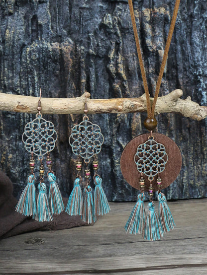 Bohemian Style Hollowed out Carved Pendant w/tassel Earrings Necklace Set