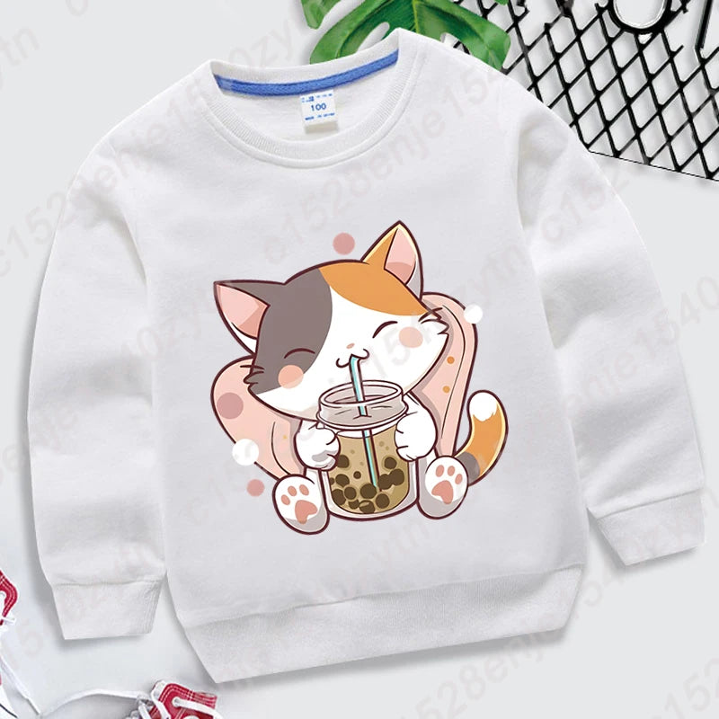 Cat Boba Tea Print Crew Neck Sweatshirt