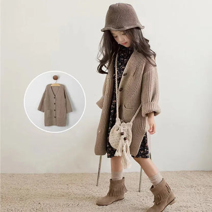 Girls Sweater Cardigan Mid-Length Thick Knit Jacket