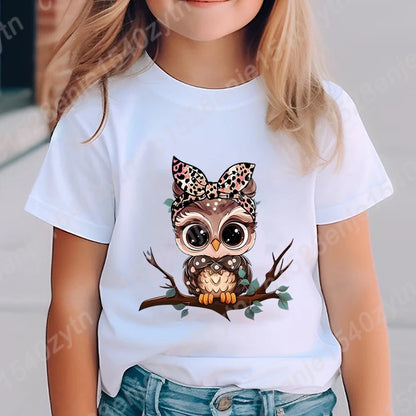 Girls Owl Leopard Bow Print T-shirt