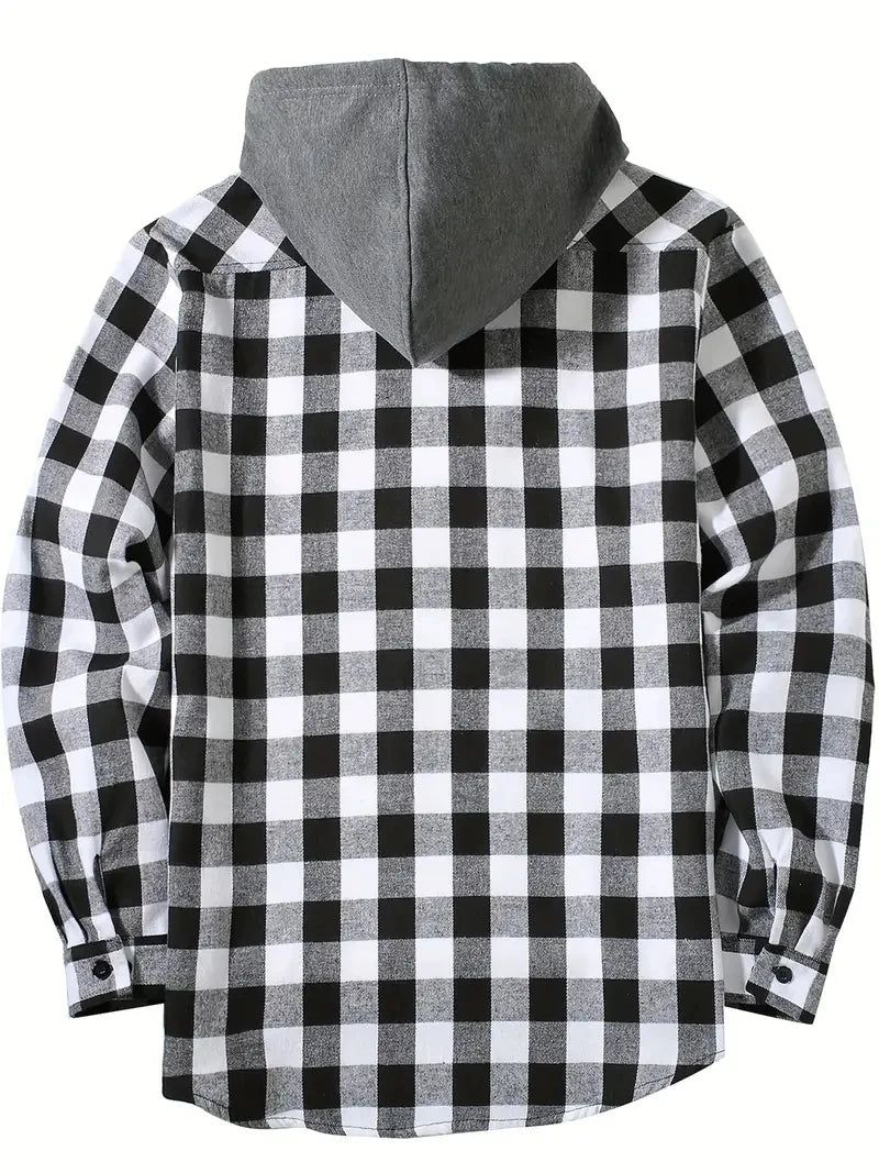 Slim Fit Long Sleeved Hooded Plaid Shirt Youth/Men