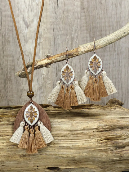 Bohemian Style Hollowed out Carved Pendant w/tassel Earrings Necklace Set