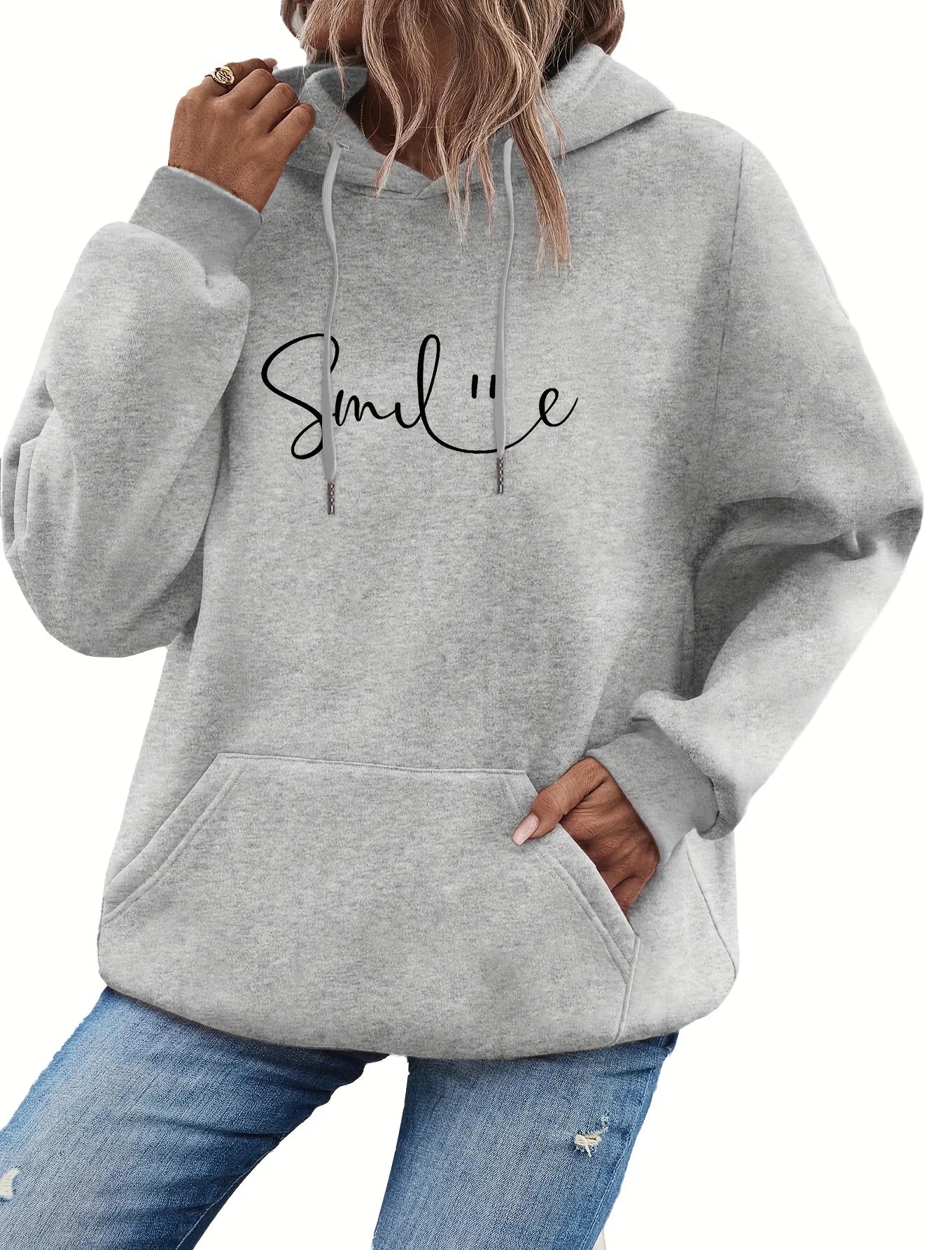 SMILE Print Hoodie with Kangaroo Pocket Sweatshirt