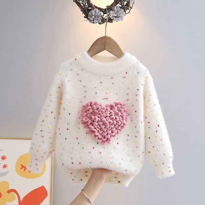 Children Autumn and Winter Knitwear Love Heart O-Neck Long Sleeve Pullovers - Loose Fit