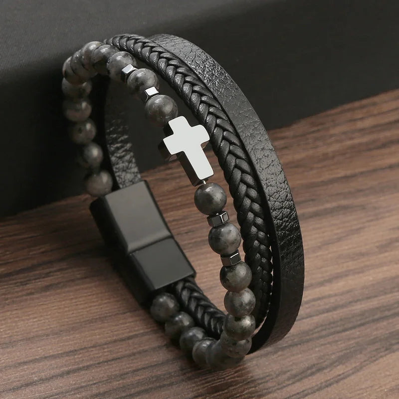 Natural Stone Beads Cross Bracelets Multilayer Leather Bracelet