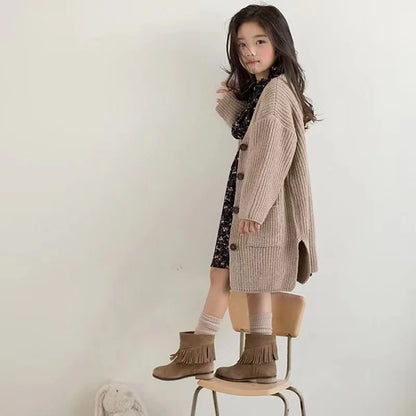 Girls Sweater Cardigan Mid-Length Thick Knit Jacket